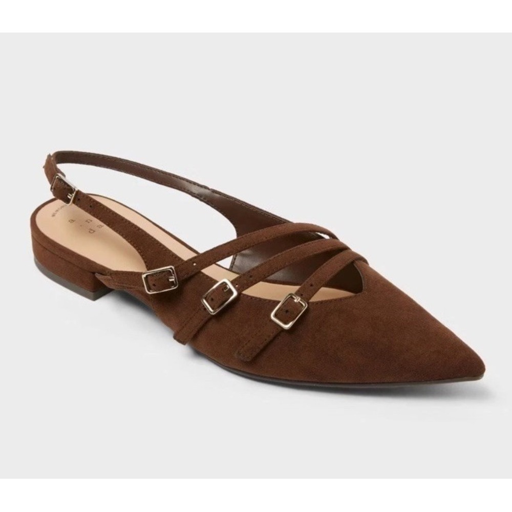 Women's Size 8.5 Twiggy Multi Buckle Mini Heel Flats with Memory Foam Brown